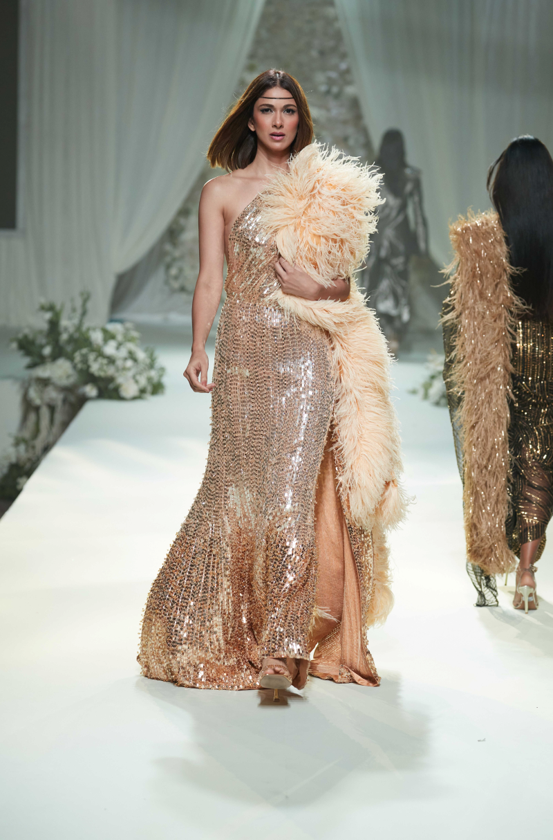 Gold Ombre Sequin & Crystal Embroidered Saree Gown