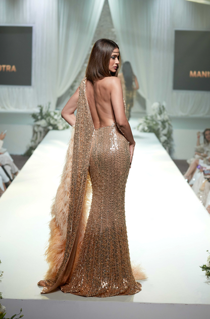 Gold Ombre Sequin & Crystal Embroidered Saree Gown