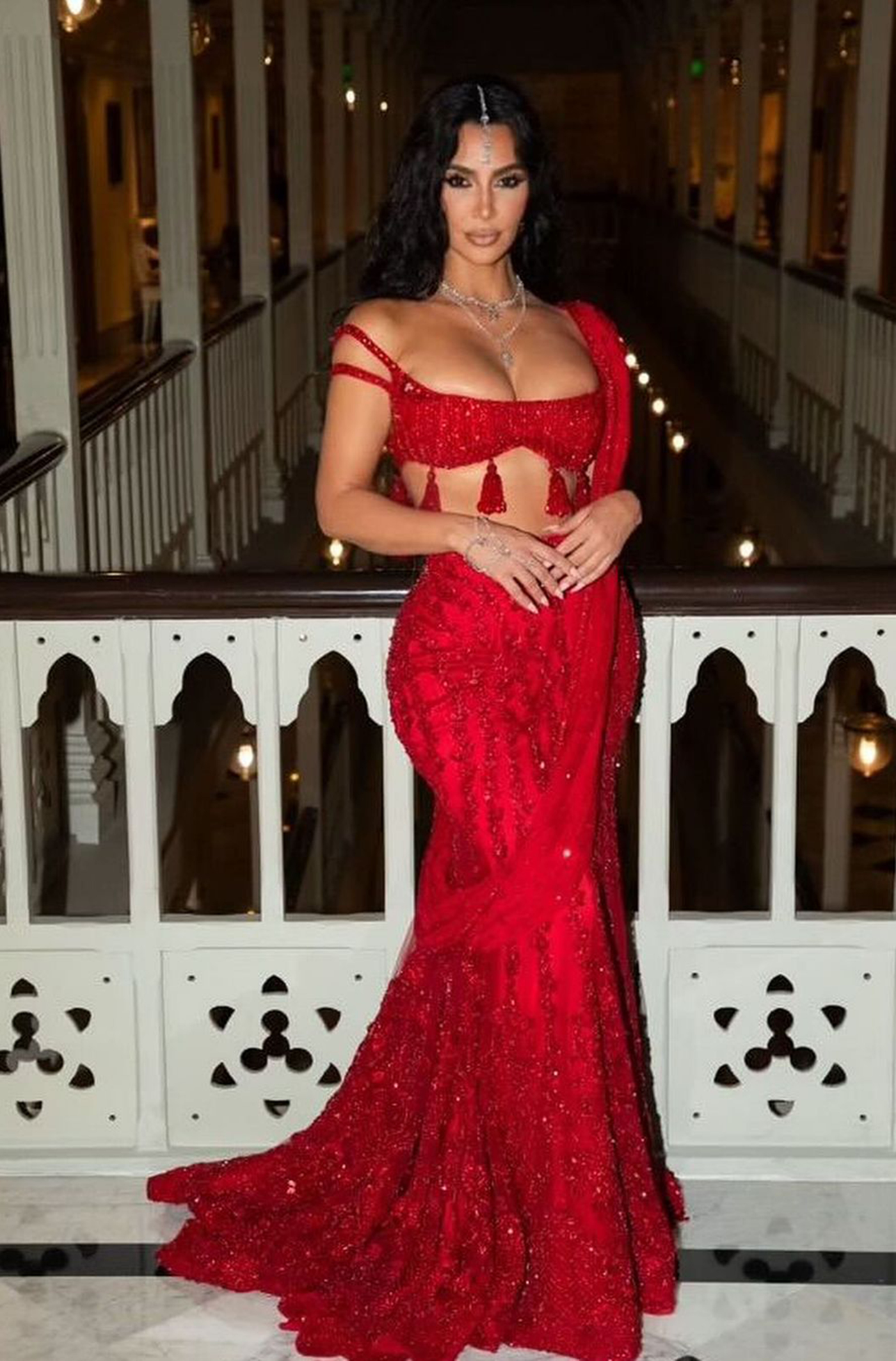 Kim Kardashian in our dreamy Maharani Red Saree Lehenga