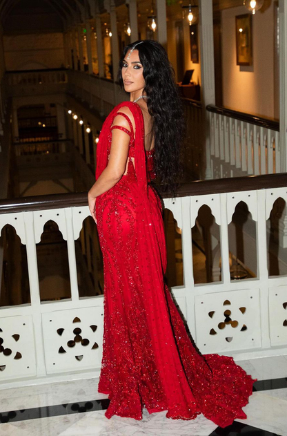 Kim Kardashian in our dreamy Maharani Red Saree Lehenga