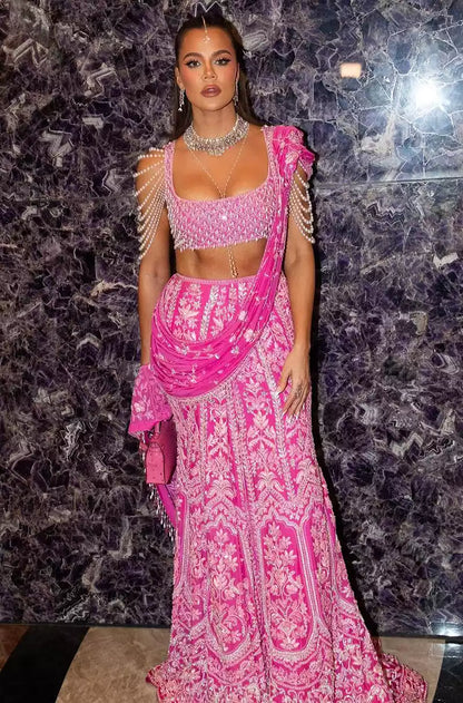 Khloe Kardashian in our Rose Pink Stitched Saree Set