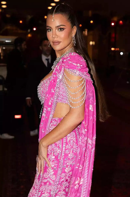 Khloe Kardashian in our Rose Pink Stitched Saree Set