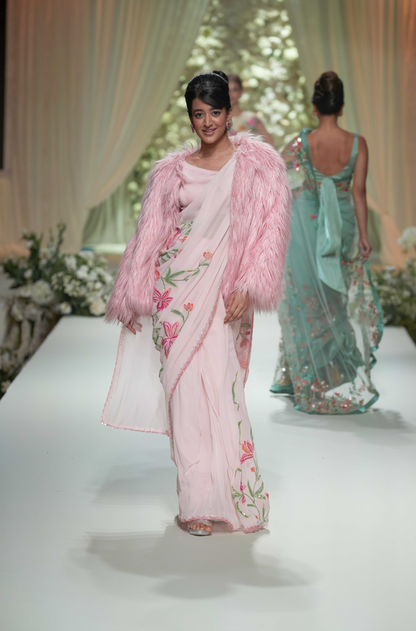 Baby Pink Multicolored Floral Saree Set