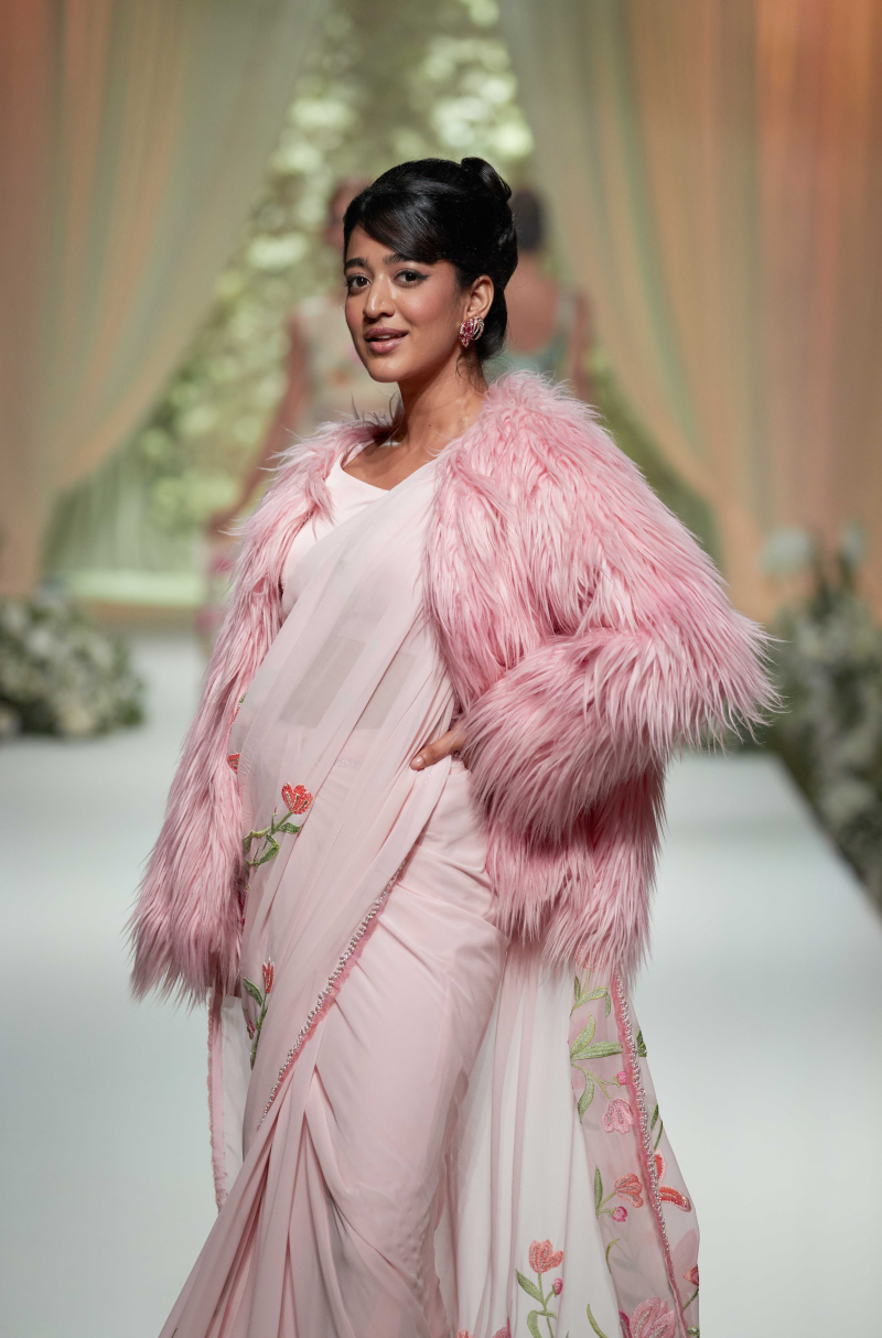 Baby Pink Multicolored Floral Saree Set