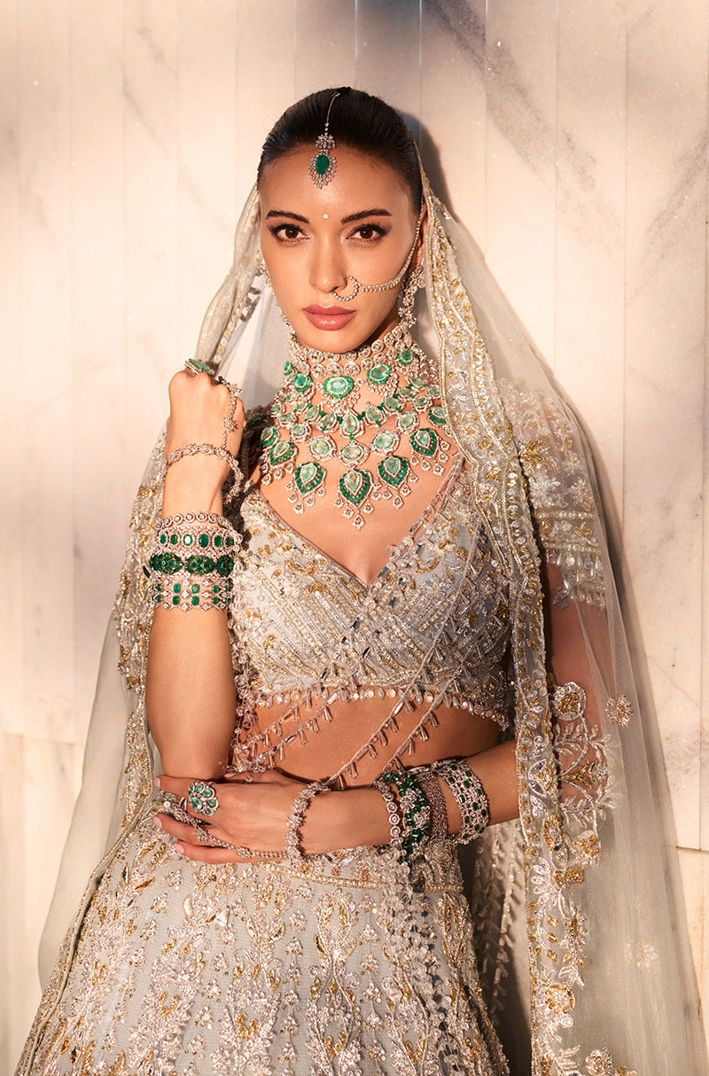 Pewter Blue Tulle Embroidered Lehenga Set
