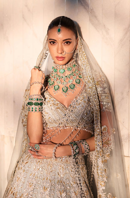 Pewter Blue Tulle Embroidered Lehenga Set