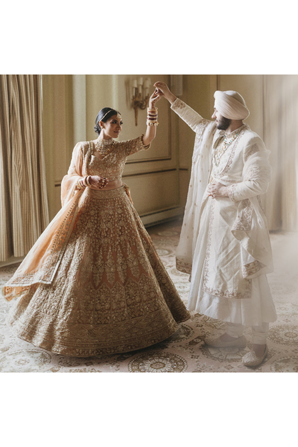 Bride: Ramneek Sodhi in Peach Gold Embroidered Lehenga Set
