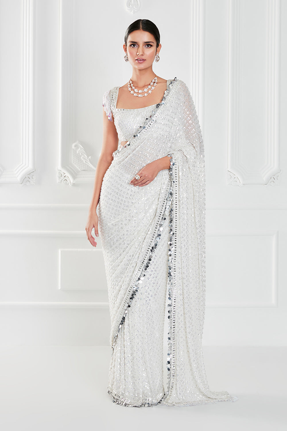 Ivory Georgette Sequin Saree