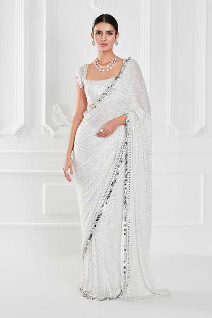 Ivory Georgette Sequin Saree