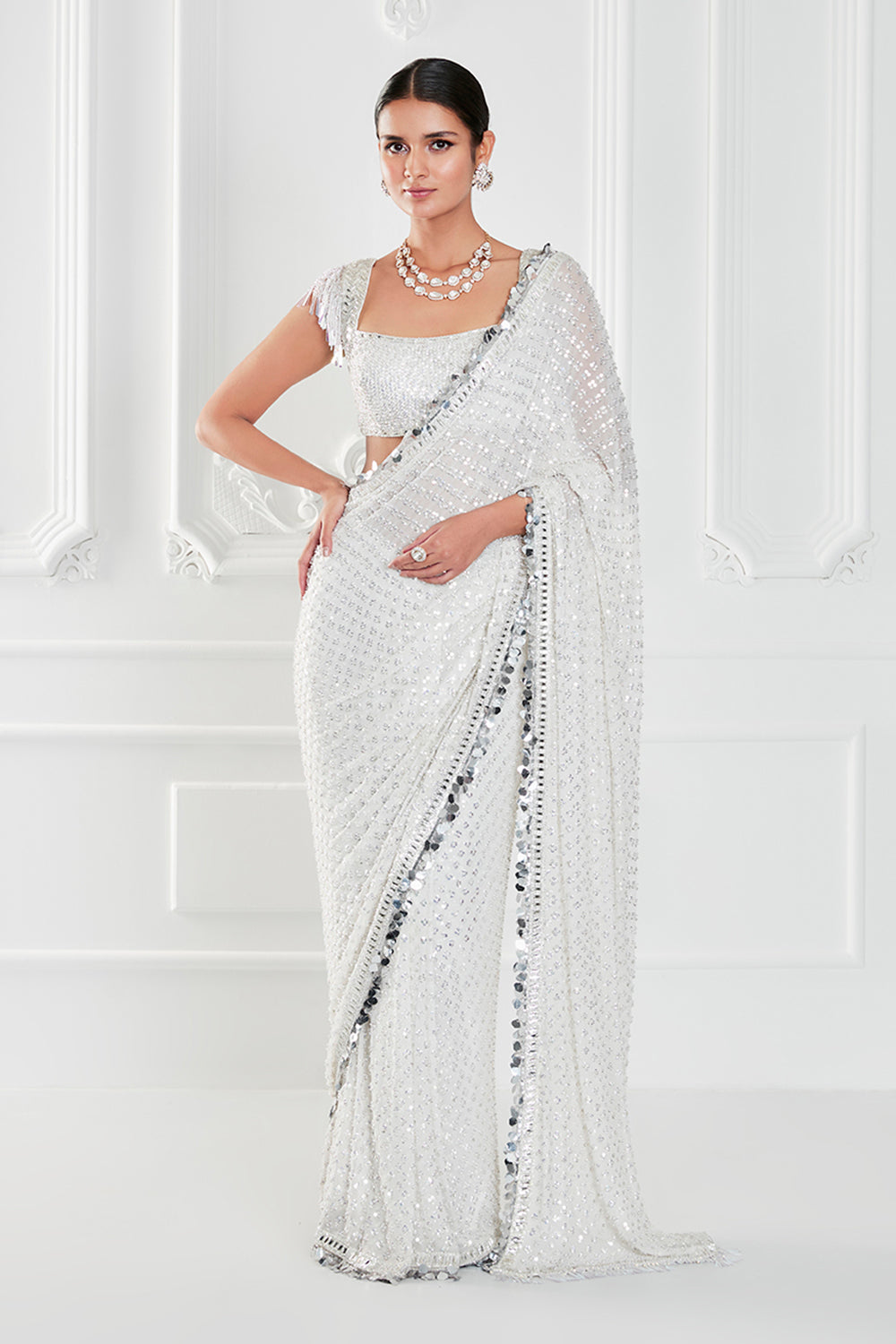 Ivory Georgette Sequin Saree