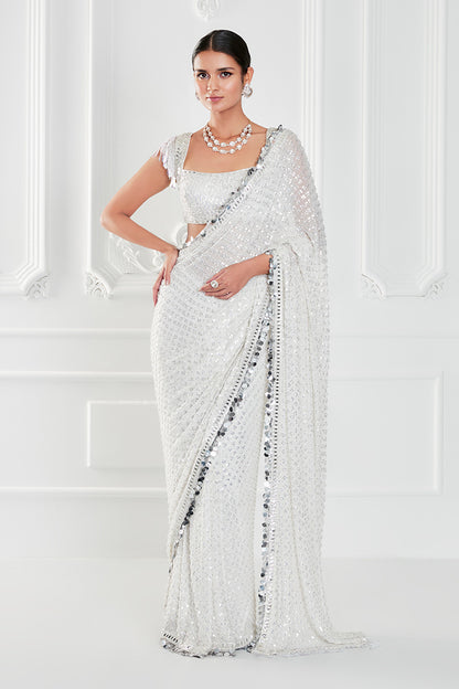 Ivory Georgette Sequin Saree