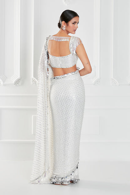 Ivory Georgette Sequin Saree