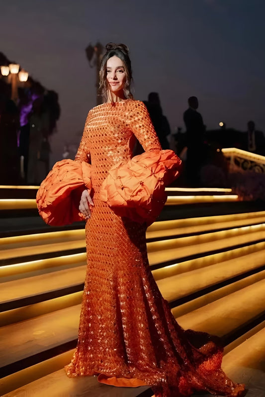 Shibani Akhtar in our Orange Embellished Gown