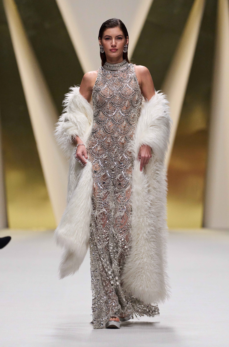 White Halter Neck Scallop Crystal & Sequin Gown