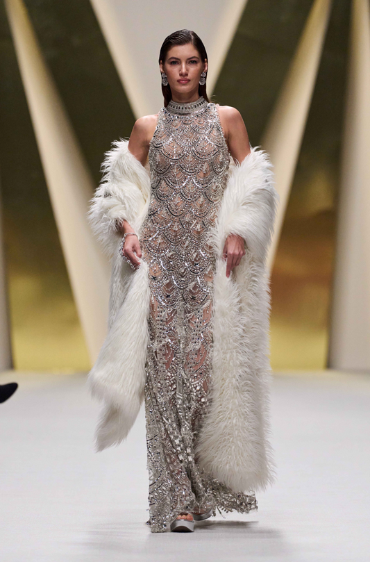 White Halter Neck Scallop Crystal & Sequin Gown