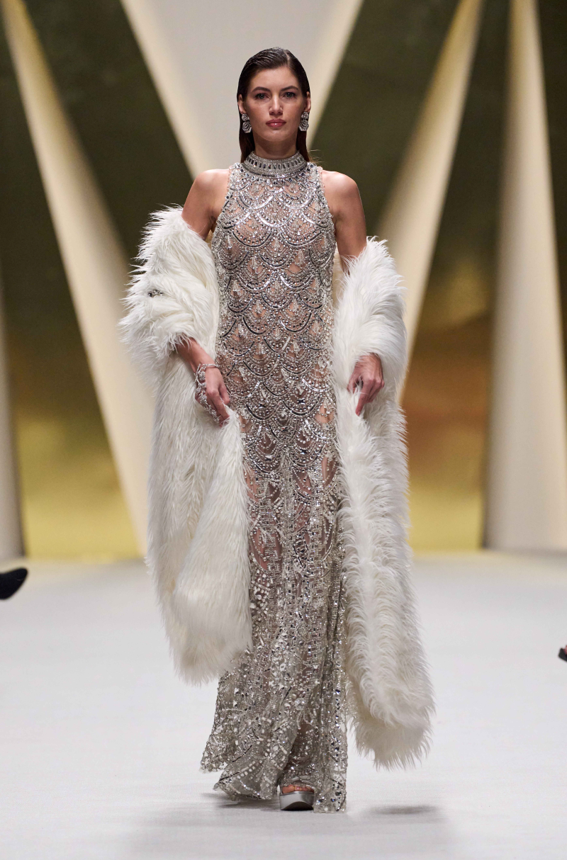 White Halter Neck Scallop Crystal & Sequin Gown