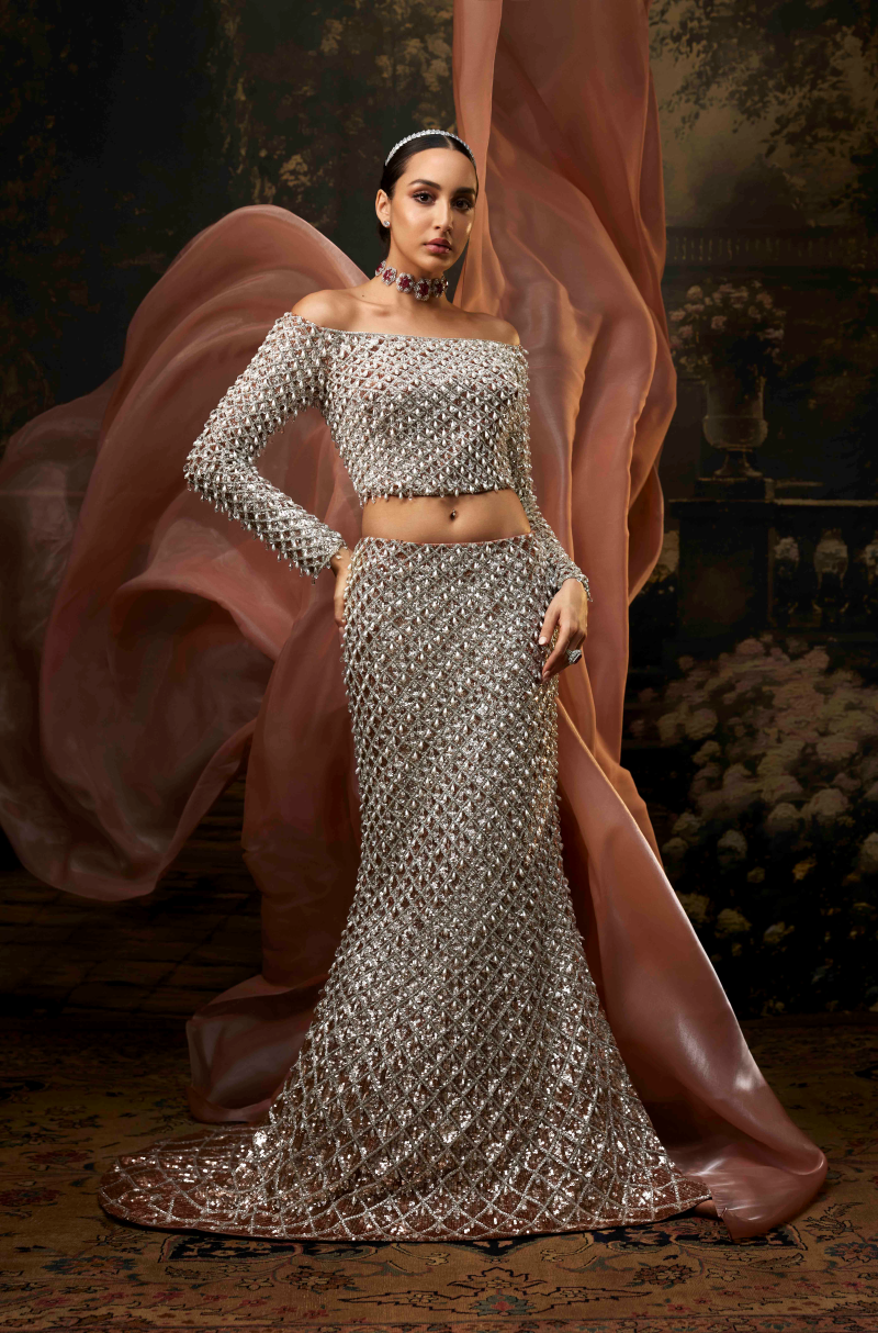 Champagne Net Fishtail Sequin Lehenga Set