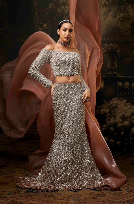 Champagne Net Fishtail Sequin Lehenga Set