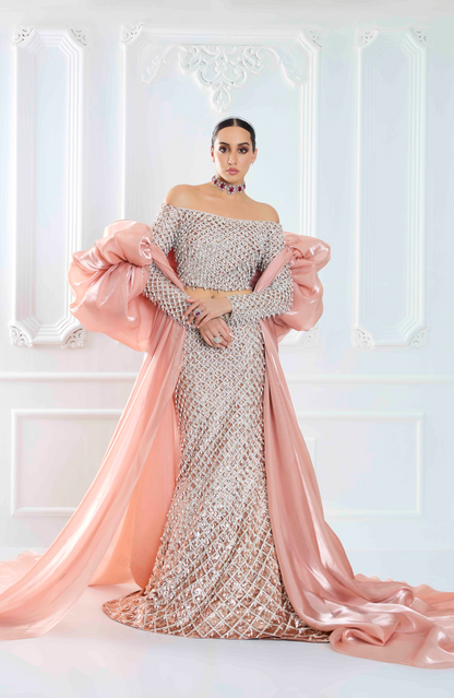 Champagne Net Fishtail Sequin Lehenga Set