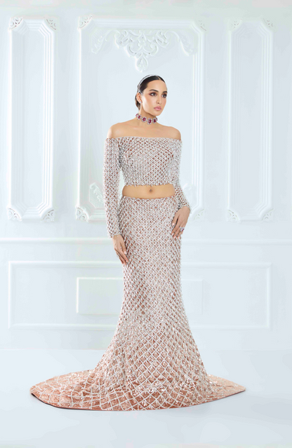 Champagne Net Fishtail Sequin Lehenga Set