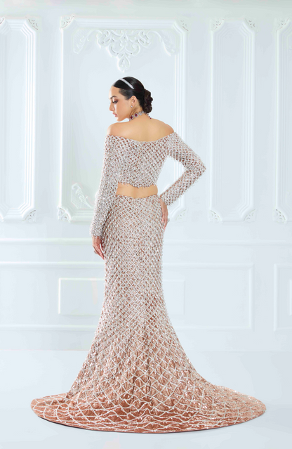 Champagne Net Fishtail Sequin Lehenga Set