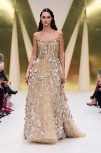 Oyster 3D Floral Tulle Corset Gown