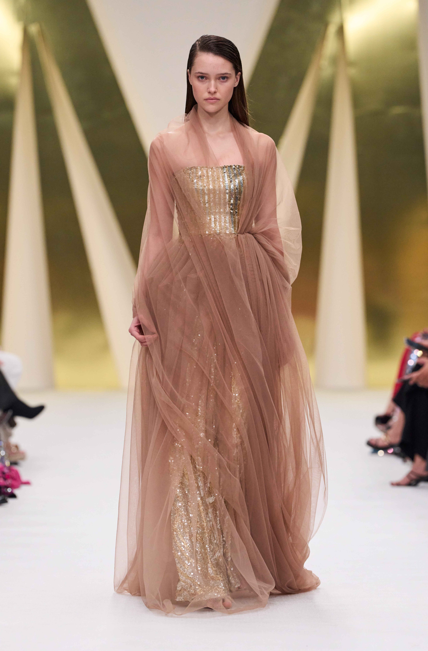 Gold & Silver Sequin Off Shoulder Embroidered Gown