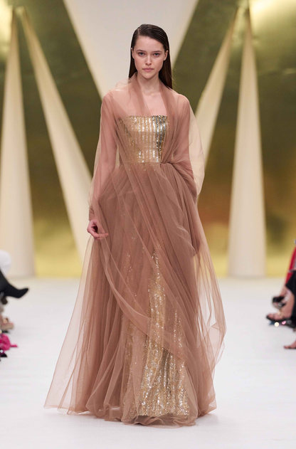 Gold & Silver Sequin Off Shoulder Embroidered Gown