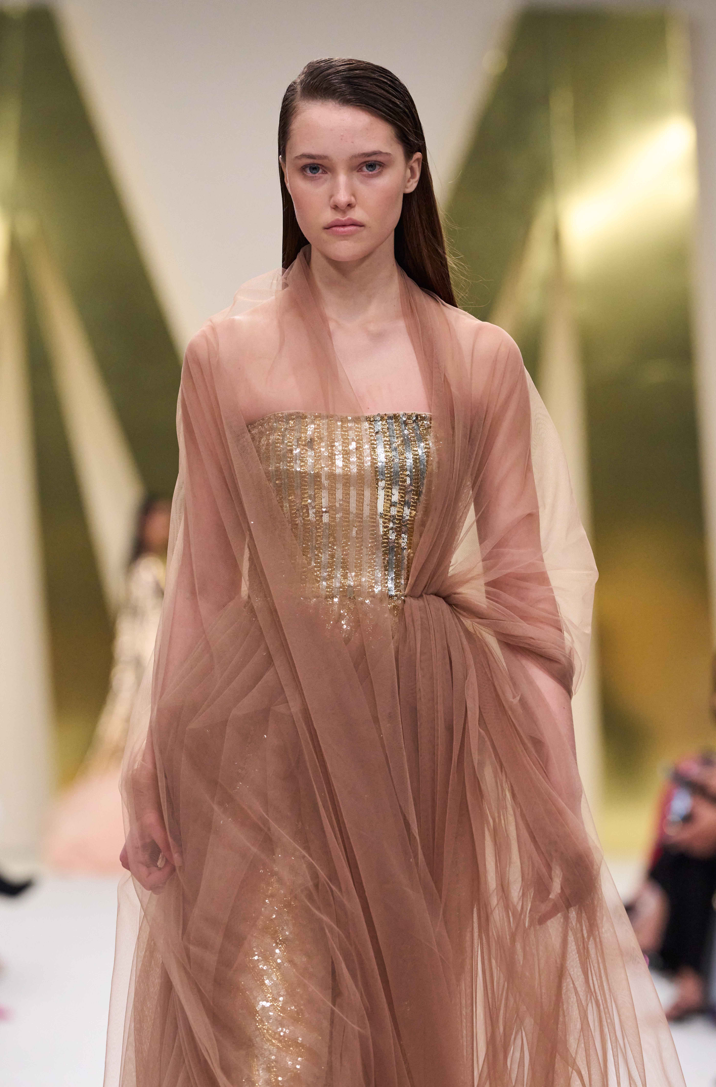 Gold & Silver Sequin Off Shoulder Embroidered Gown