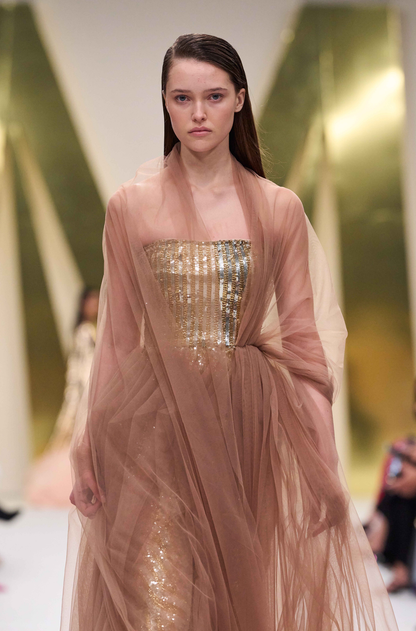 Gold & Silver Sequin Off Shoulder Embroidered Gown