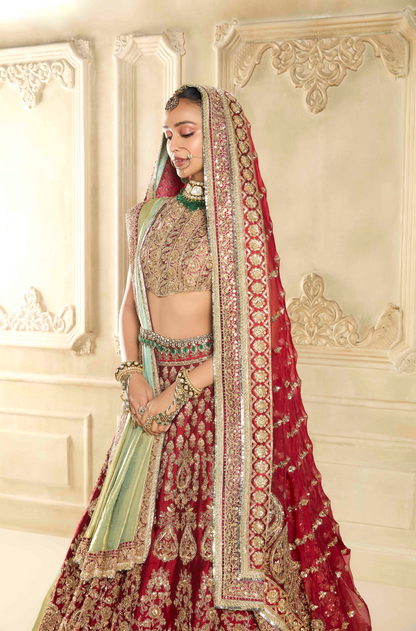Maroon Raw Silk Embroidered Lehenga Set