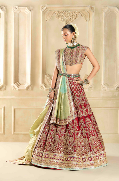 Maroon Raw Silk Embroidered Lehenga Set