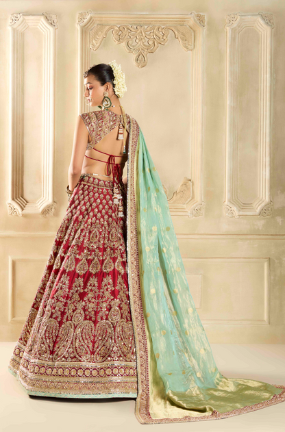 Maroon Raw Silk Embroidered Lehenga Set