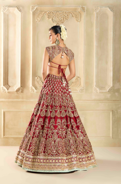 Maroon Raw Silk Embroidered Lehenga Set