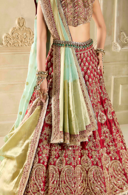 Maroon Raw Silk Embroidered Lehenga Set