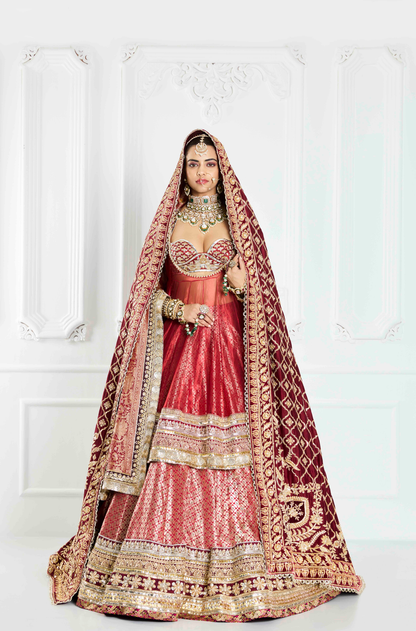 Deep Red Brocade Lehenga Set