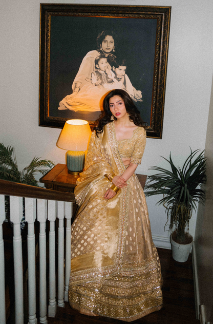 Mahira Khan in our Beige and Gold Banarasi Lehenga Set