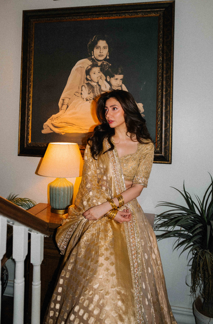 Mahira Khan in our Beige and Gold Banarasi Lehenga Set