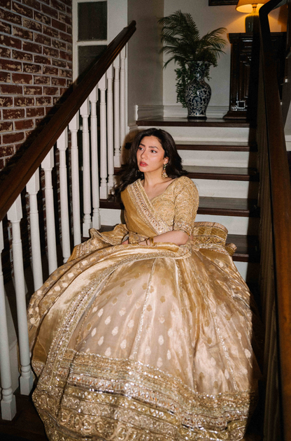 Mahira Khan in our Beige and Gold Banarasi Lehenga Set