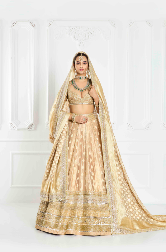 Beige and Gold Banarasi Lehenga Set