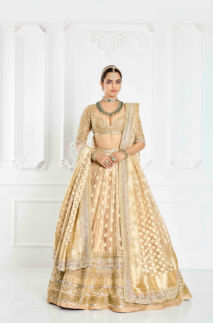 Beige and Gold Banarasi Lehenga Set