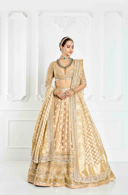 Beige and Gold Banarasi Lehenga Set