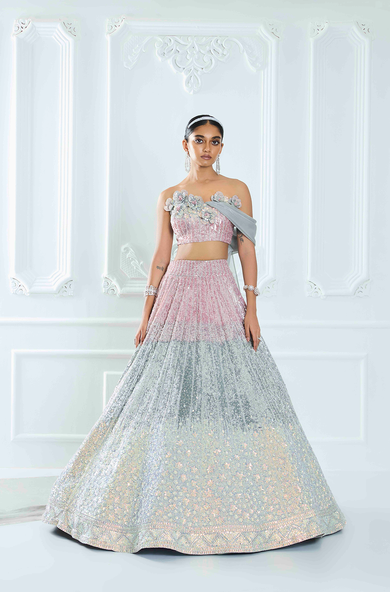 Rose Gold Tri-Colored Shaded Sequin Lehenga Set