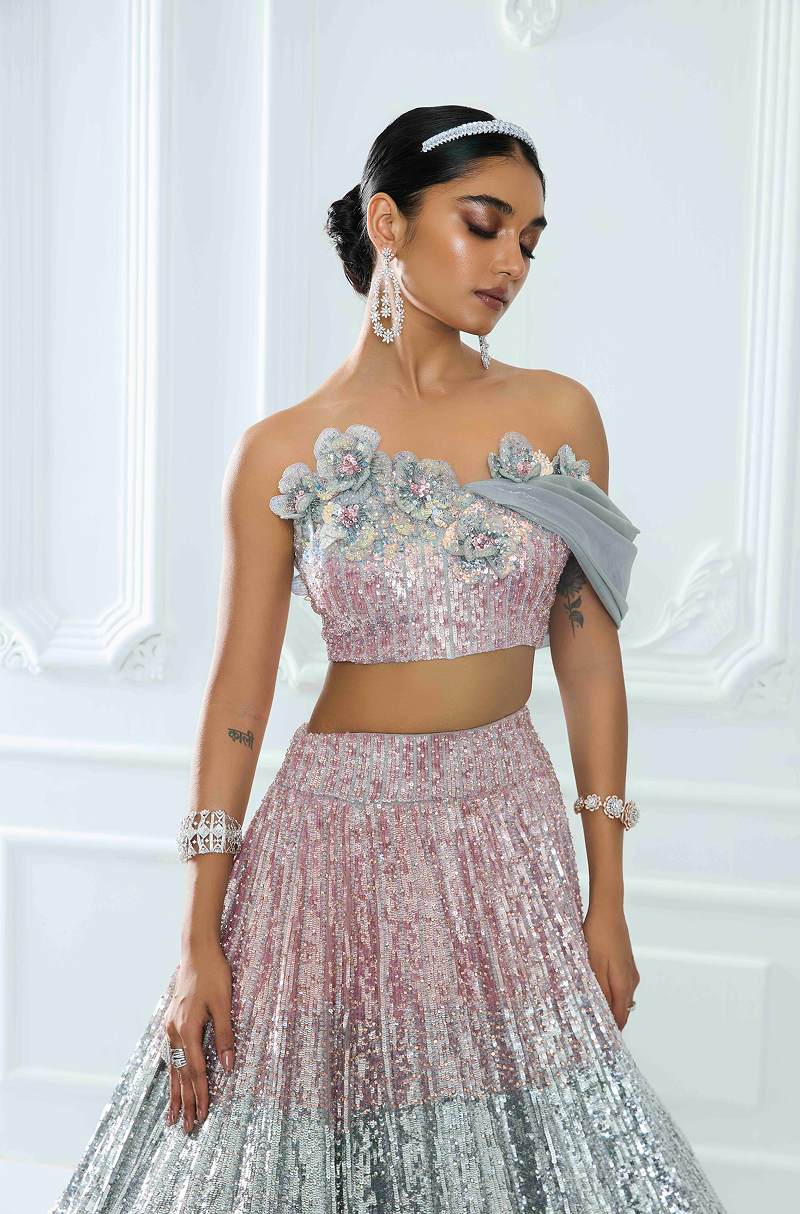 Rose Gold Tri-Colored Shaded Sequin Lehenga Set