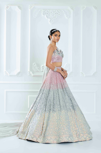 Rose Gold Tri-Colored Shaded Sequin Lehenga Set