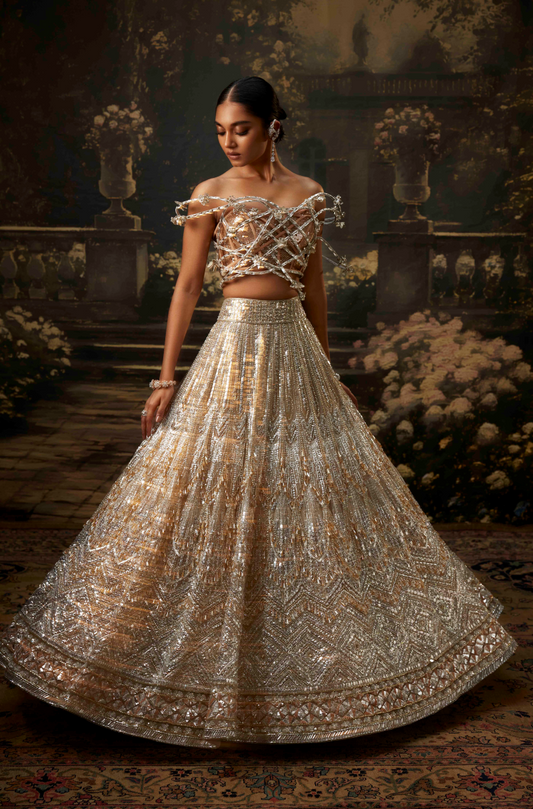 Silver & Light Gold Sequin Crystal Lehenga Set