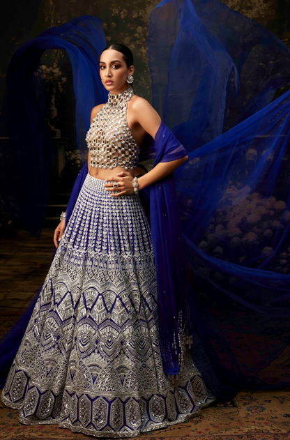Electric Blue Organza Embroidered Lehenga Set