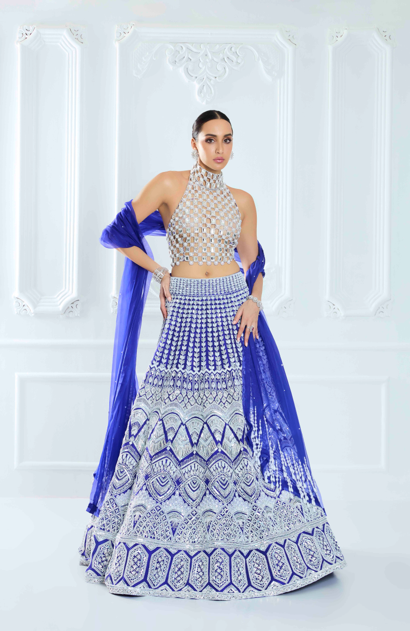 Electric Blue Organza Embroidered Lehenga Set