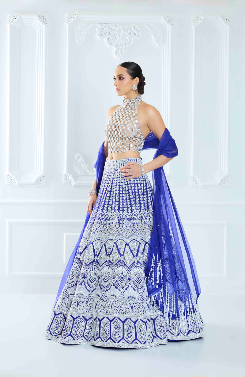 Electric Blue Organza Embroidered Lehenga Set