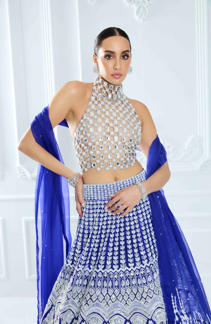 Electric Blue Organza Embroidered Lehenga Set